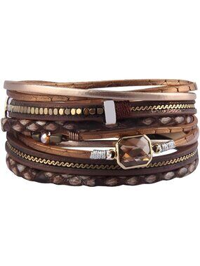 Leather Wrap Bracelet Boho Cuff Bracelets Crystal Bracelet Magnetic Multi Strand